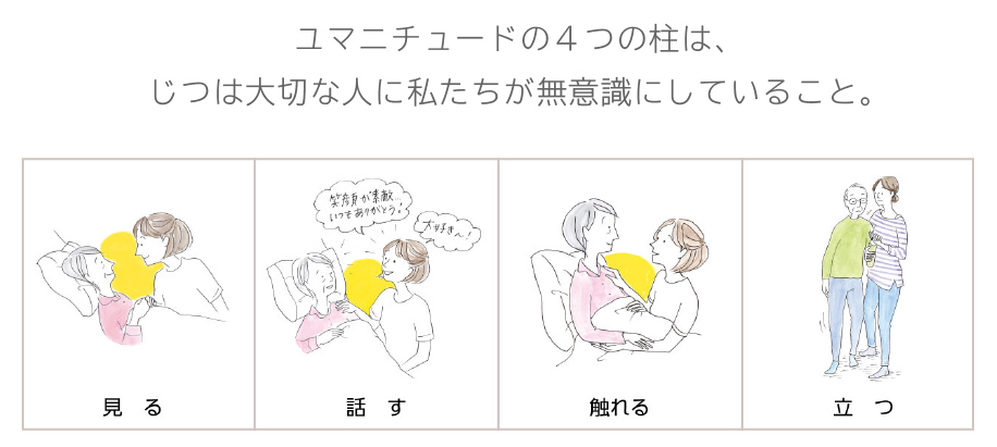イラスト:ユマニチュードの4つの柱は、じつは大切な人に私たちが無意識にしている「触れる」「見る」「立つ」「話す」の4つ。