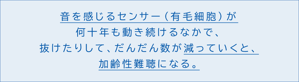 音を感じるセンサー(有毛細胞)が、何十年も働き続けるなかで、抜けたりして、だんだん数が減っていくと加齢性難聴になる。
