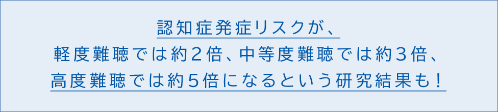 認知症発症リスクが、軽度難聴では約2倍、中等度難聴では約3倍、高度難聴では約5倍になるという研究結果も!