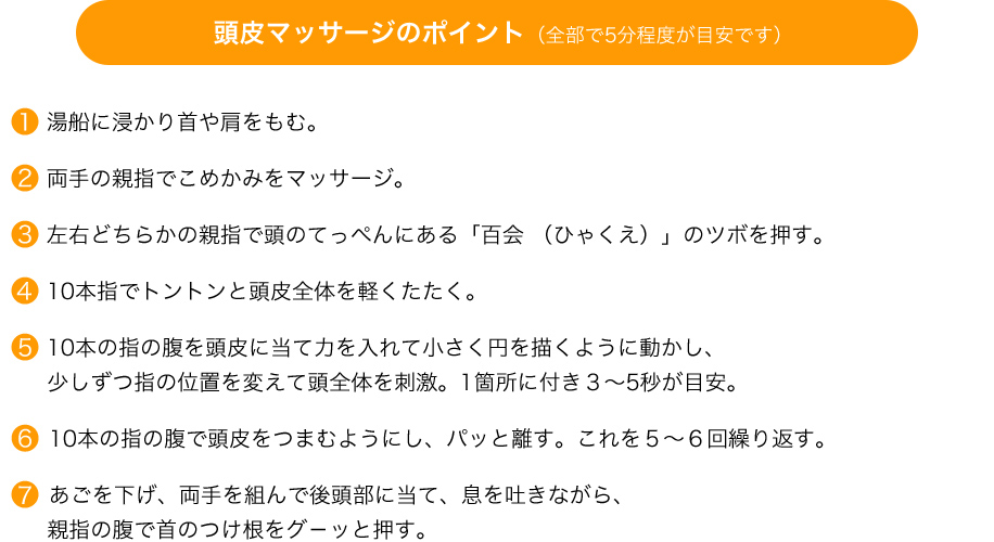 頭皮マッサージのポイント(全部で5分程度が目安です)1.湯船に浸かり首や肩をもむ。2.両手の親指でこめかみをマッサージ。3.左右どちらかの親指で頭のてっぺんにある「百会 (ひゃくえ)」のツボを押す。4.10本指でトントンと頭皮全体を軽くたたく。5.10本の指の腹を頭皮に当て力を入れて小さく円を描くように動かし、少しずつ指の位置を変えて頭全体を刺激。1箇所に付き3~5秒が目安。6.10本の指の腹で頭皮をつまむようにし、パッと離す。これを5~6回繰り返す。7.あごを下げ、両手を組んで後頭部に当て、息を吐きながら、親指の腹で首のつけ根をグ-ッと押す。