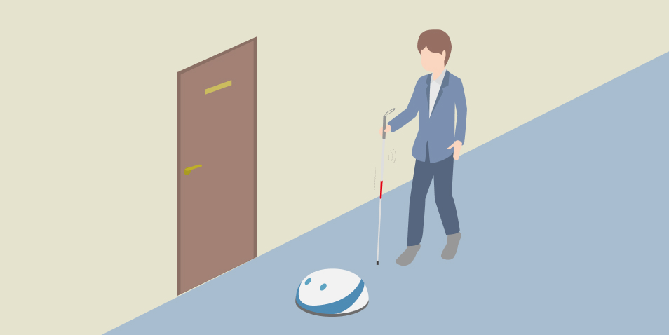 イラスト:目の見えない、見えにくい方に対して、普段は別の仕事をしているロボットが、お客様が来られた時に案内の役割を担うイメージ。