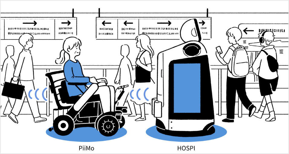 イラスト:目的地へと案内するHOSPI Signageを、ロボティックモビリティPiiMoが自動で追従するイメージ