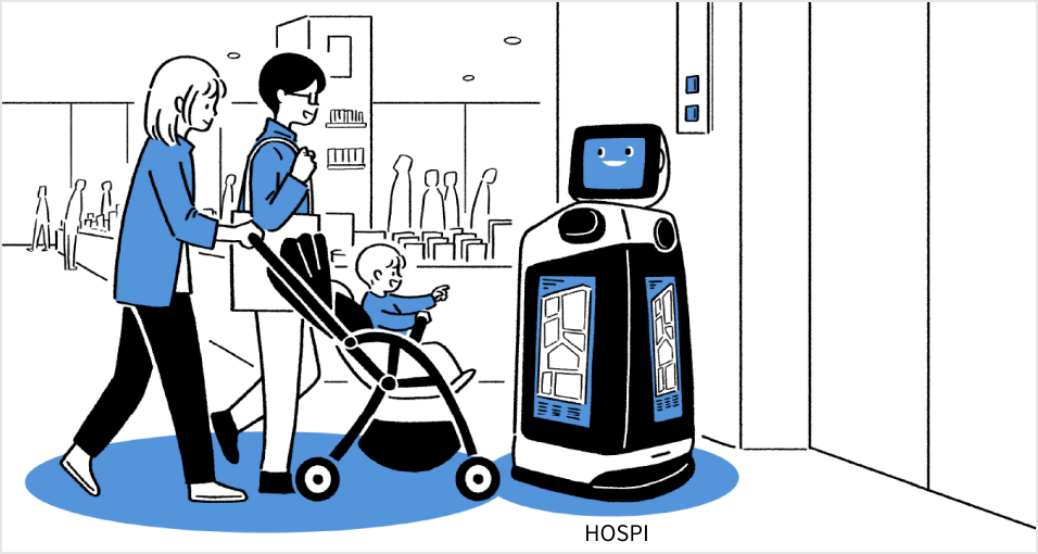 イラスト:HOSPI Signageがお客様を場所が分かりにくいエレベーターホールまで案内するイメージ