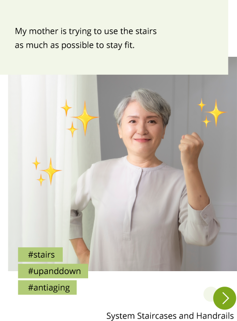 Photo: An elderly woman raising her fist in triumph. The photo is decorated with sparkles. Post: My mother is trying to use the stairs as much as possible to stay fit. Hashtags: #stairs #upanddown #antiaging "System Staircases and Handrails"