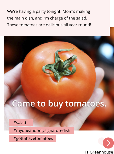 Photo: There is someone holding a tomato at a supermarket. You can see the words, "Came to buy tomatoes" on the photo. Post: We're having a party tonight. Mom's making the main dish and I'm in charge of the salad. These tomatoes are delicious all year round! Hashtags: #salad #myoneandonlysignaturedish #gottahavetomatoes "IT Greenhouse"