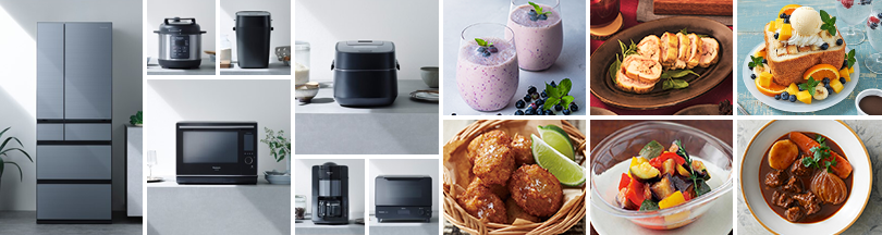 Photo: Photographs of a refrigerator, microwave oven, rice cooker, electric pressure cooker, toaster, home bakery, coffee maker, and the delicious dishes these cooking appliances can help make.