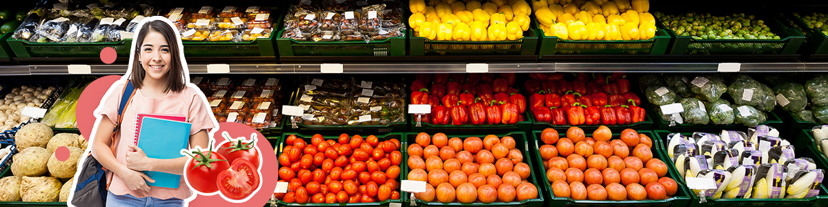 Photo: A collage with a woman in her 20s and tomatoes. There is a vegetable section of the supermarket in the background. You can see rows and rows of tomatoes and paprikas.