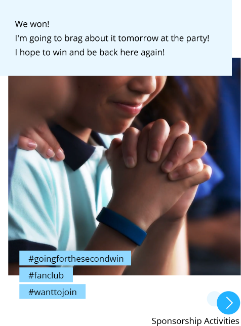 Photo: A boy praying for the next victory in the stands. Post: We won! I'm going to brag about it tomorrow at the party! I hope to win and be back here again! Hashtags: #goingforthesecondwin #fanclub #wanttojoin "Sponsorship Activities"
