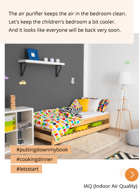Photo: A bed in a children's room. Post: The air purifier keeps the air in the bedroom clean. Let's keep the children's bedroom a bit cooler. And it looks like everyone will be back very soon. Hashtags: #puttingdownmybook #cookingdinner #letsstart "IAQ (Indoor Air Quality)"
