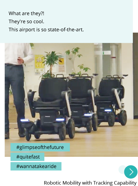 Photo: Three robotic mobility with tracking capability on the move. Post: What are they?! They're so cool. This airport is so state-of-the-art. Hashtags: #glimpseofthefuture #quitefast #wannatakearide "Robotic Mobility with Tracking Capability"