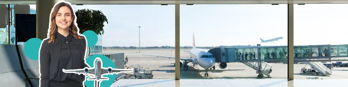 Photo: A woman in her 20s and a collage of an airplane. In the background you can see an airport lobby and people boarding the plane outside the window.