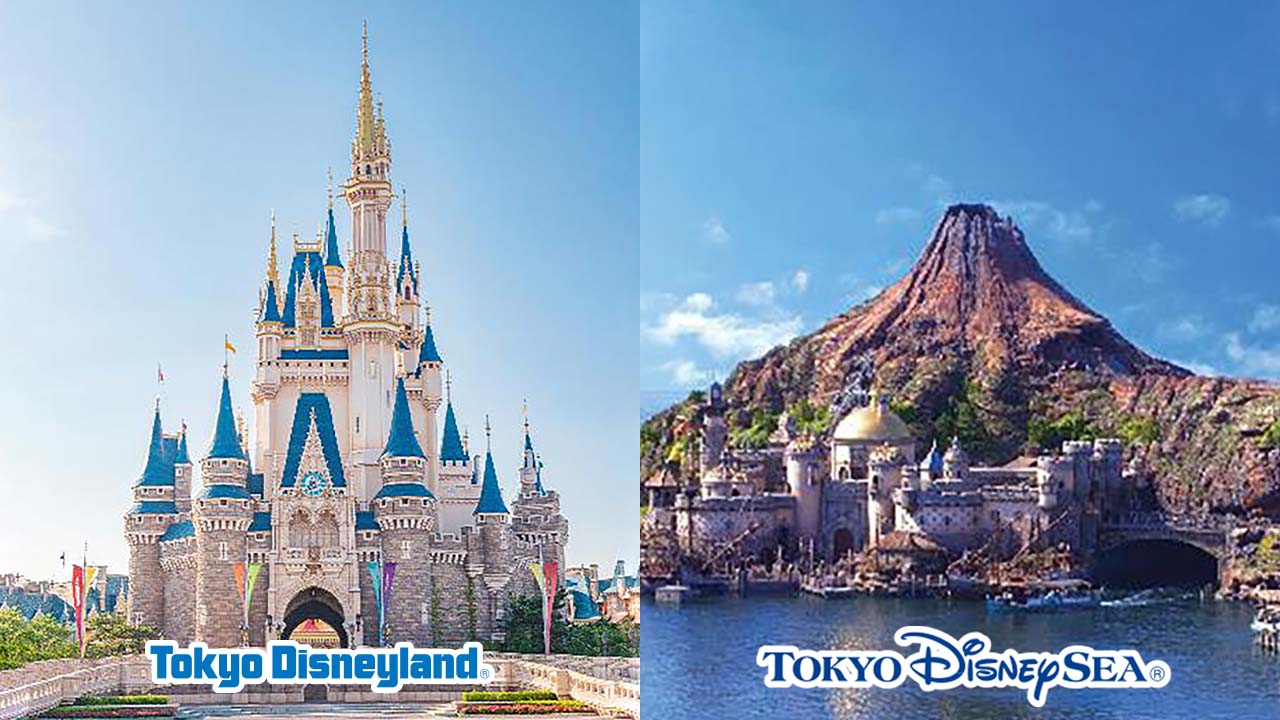 The Tokyo Disneyland logo and photo of Cinderella Castle in Tokyo Disneyland, TOKYO DISNEYSEA logo, and photo of Mediterranean Harbor in Tokyo DisneySea