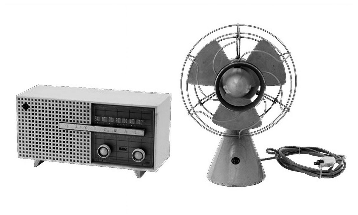 Black and white photos, initial product design Radio on left, fan on right