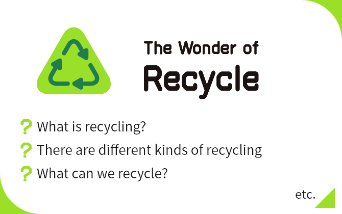 The Wonder of Recycle What is recycling?, There are different kinds of recycling, What can we recycle? etc.