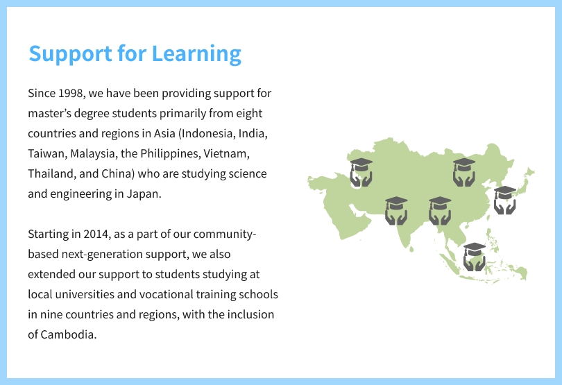 Support for Learning Since 1998, we have been providing support for master’s degree students primarily from eight countries and regions in Asia (Indonesia, India, Taiwan, Malaysia, the Philippines, Vietnam, Thailand, and China) who are studying science and engineering in Japan. Starting in 2014, as a part of our community-based next-generation support, we also extended our support to students studying at local universities and vocational training schools in nine countries and regions, with the inclusion of Cambodia.