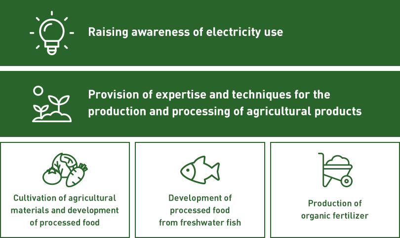 Raising awareness of electricity use, Provision of expertise and techniques for the production and processing of agricultural products, Cultivation of agricultural materials and development of processed food, Development of processed food from freshwater fish, Production of organic fertilizer