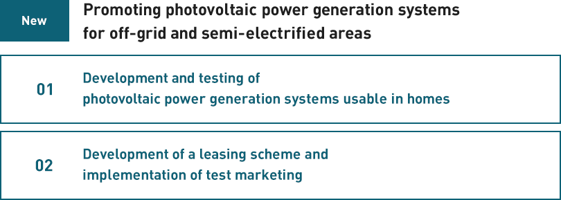 [New]Promoting photovoltaic power generation systems for off-grid and semi-electrified areas:01 Development and testing of photovoltaic power generation systems usable in homes 02 Development of a leasing scheme and implementation of test marketing