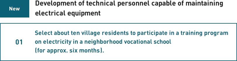 [New] Development of technical personnel capable of maintaining electrical equipment:01 Select about ten village residents to participate in a training program on electricity in a neighborhood vocational school (for approx. six months).