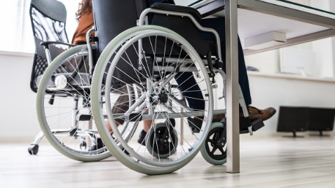 Photo: Image of an office with an open format, where an employee using a wheelchair and an employee in a chair are working together