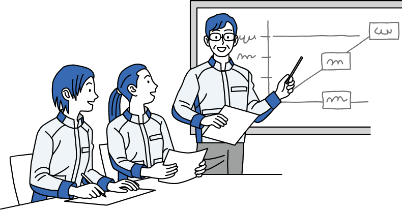 Illustration: Employee A standing in front of a whiteboard and giving a lecture