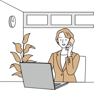 Illustration: Employee B working in the office, making full use of a PC and a smartphone. The hands of the clock are pointing to 10 o’clock.