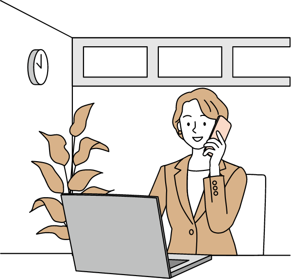 Illustration: Employee B working in the office, making full use of a PC and a smartphone. The hands of the clock are pointing to 10 o’clock.