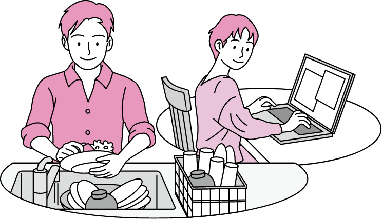 Illustration: Employee C washing dishes at home and their partner working with a laptop PC open