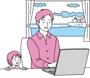 Illustration: Employee C working at a laptop PC with one child by their side. The blue sea and the sky are visible from the window of the room.