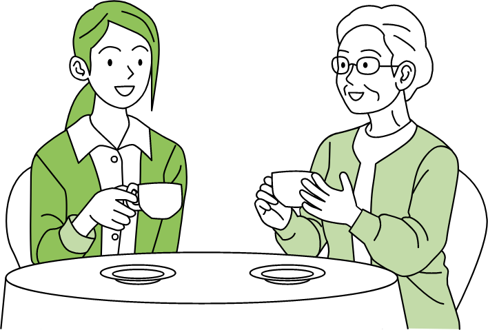 Illustration: Employee D chatting with an elderly woman with a cup in their hand