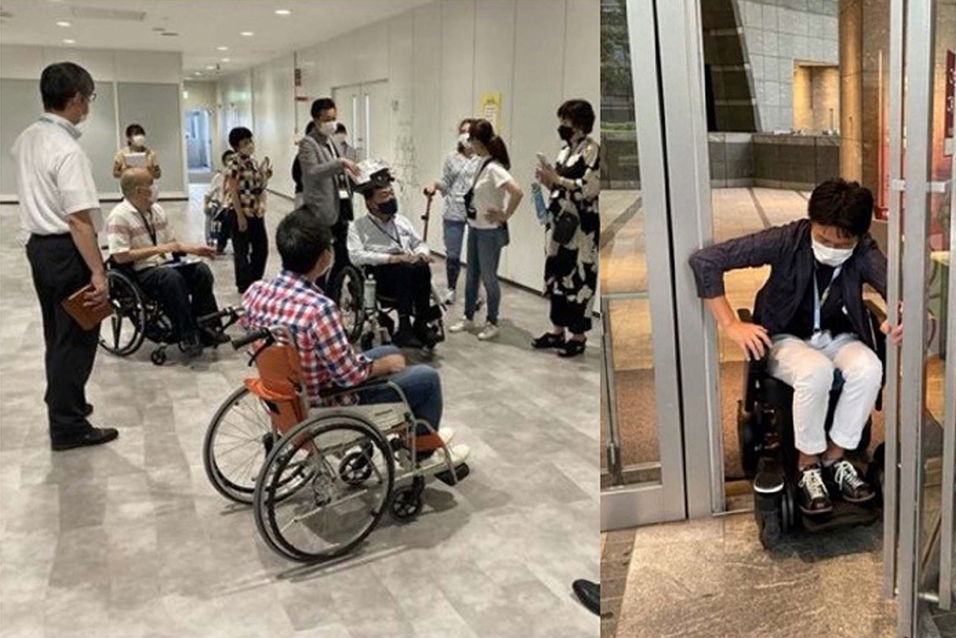 Photos Left: Participants gather on the floor. Several of them are using wheelchairs. Right: A participant passes through a doorway using a wheelchair while holding the door with one hand.