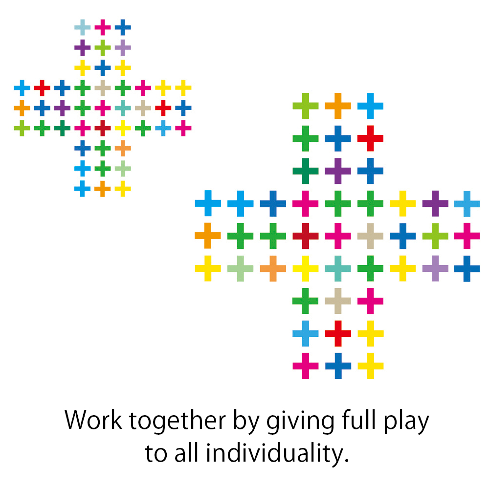 Image: Icon for "Work together by giving full play to all individuality," two plus symbols formed out of smaller pluses