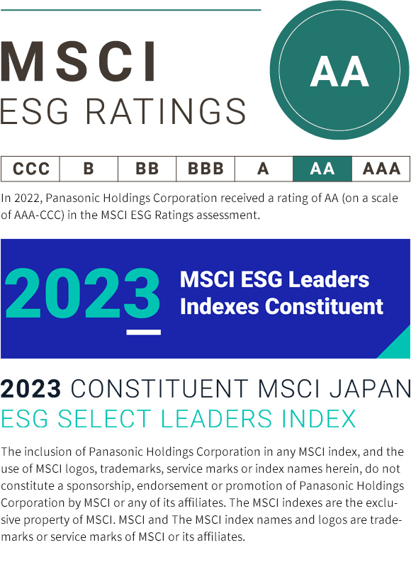 MSCI ESG RATINGS AA In 2022, Panasonic Holdings Corporation received a rating of AA (on a scale of AAA-CCC) in the MSCI ESG Ratings assessment. 2023 MSCI ESG Leaders Indexes Constituent 2023 CONSTITUENT MSCI JAPAN ESG SELECT LEADERS INDEX The inclusion of Panasonic Holdings Corporation in any MSCI index, and the use of MSCI logos, trademarks, service marks or index names herein, do not constitute a sponsorship, endorsement or promotion of Panasonic Holdings Corporation by MSCI or any of its affiliates. The MSCI indexes are the exclusive property of MSCI. MSCI and The MSCI index names and logos are trademarks or service marks of MSCI or its affiliates.