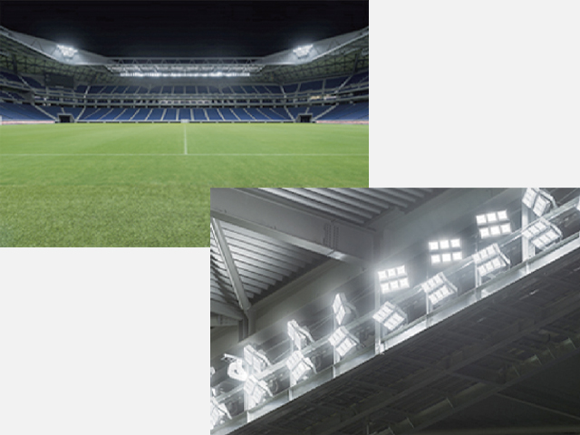 Photo: A stadium that has a lighting system using laser technology, and a close-up of the ceiling with next-generation headlights