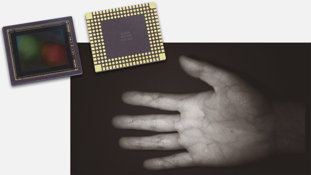 Photo: A high-precision sensor and an image of blood vessels in a hand.