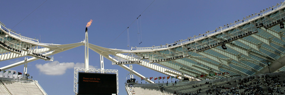 Photo: Professional RAMSA audio system equipment suspended from the ceiling of a venue of the Olympic Games Athens 2004