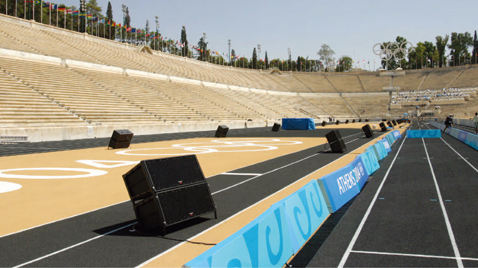 Photo: RAMSA line array speakers installed on the ground of a venue of the Olympic Games Athens 2004
