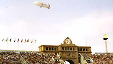 Photo: Panoramic view of the clock tower and Olympic cauldron at the Montjuic Olympic Stadium where the opening ceremony of the Olympic Games Barcelona 1992 was held