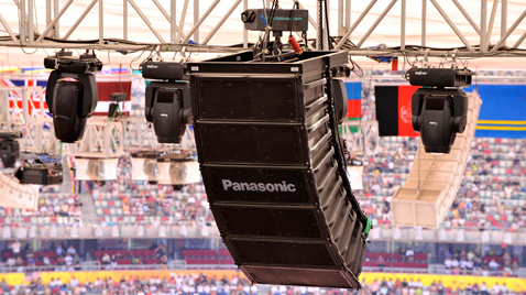 Photo: Vertically installed RAMSA speakers suspended from the ceiling of a venue of the Olympic Games Beijing 2008