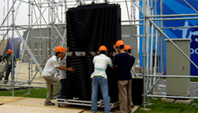 Photo: Staff installing an ASTROVISION large display unit at the construction site of one of the venues of the Olympic Games Beijing 2008