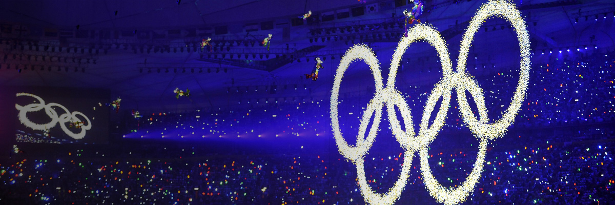 Photo: Panoramic view of the Olympic rings created with LEDs at the opening ceremony of the Olympic Games Beijing 2008