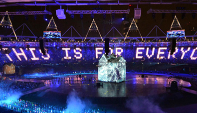 Photo: Panoramic view of the opening ceremony venue of the Olympic Games London 2012 where 20,000-lumen DLP projectors were used