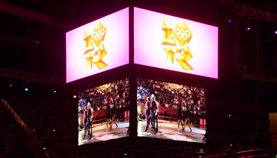 Photo: Competition being shown on a large display unit installed in the center of the ceiling of a venue of the Olympic Games London 2012