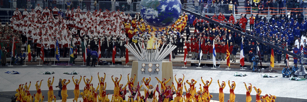 Photo: Globe used as part of the performance at the center of the stadium during the opening ceremony of the Olympic Winter Games Nagano 1998
