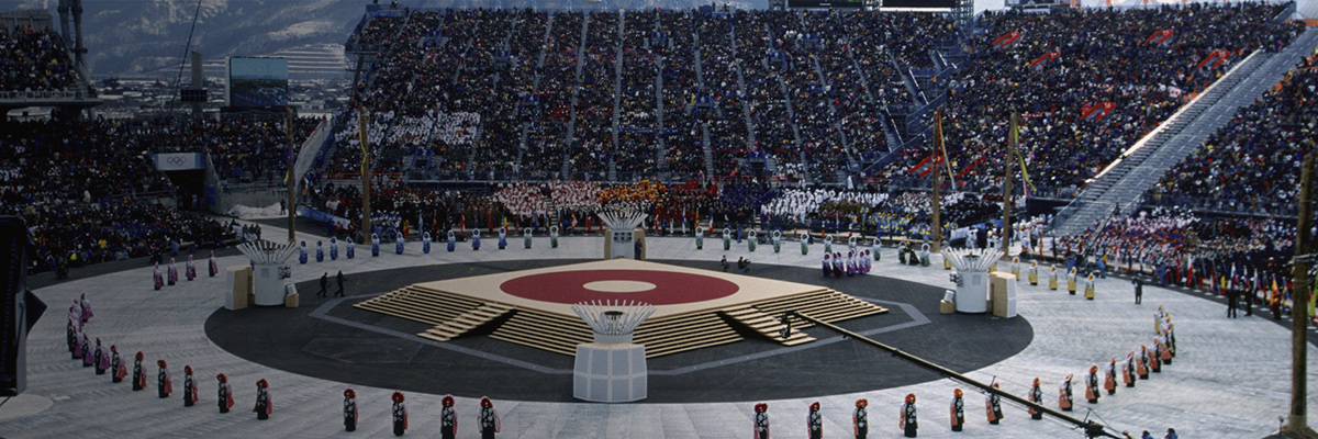 Photo: Panoramic view of the opening ceremony of the Olympic Winter Games Nagano 1998. The venue was equipped with RAMSA directional speakers