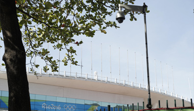 Photo: Outdoor security camera with housing installed on a post near a venue of the Olympic Games Rio 2016