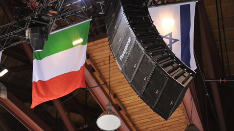 Photo: Vertically installed RAMSA speakers suspended from the ceiling of a venue of the Olympic Winter Games Vancouver 2010