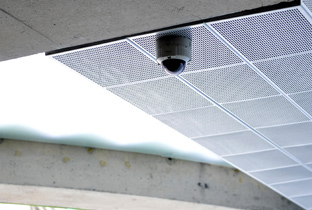 写真：施設の天井に設置されたドームタイプのセキュリティカメラ