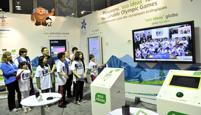 Photo: Interactive international exchange using the HD Visual Communications System at the Panasonic event booth at the Olympic Winter Games Vancouver 2010