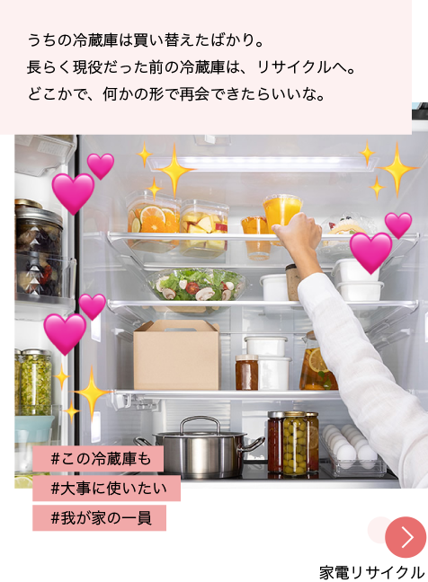 写真：冷蔵庫を開けてデザートをしまう様子。写真にハートマークとキラキラマークが載っている 投稿文：うちの冷蔵庫は買い替えたばかり。長らく現役だった前の冷蔵庫は、リサイクルへ。どこかで、何かの形で再会できたらいいな。 ハッシュタグ：#この冷蔵庫も #大事に使いたい #我が家の一員 「家電リサイクル」