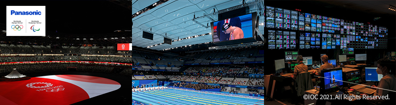 写真：東京2020オリンピック開会式の様子、「東京アクアティクスセンター」の大型映像表示装置、国際放送センター（IBC）の様子
